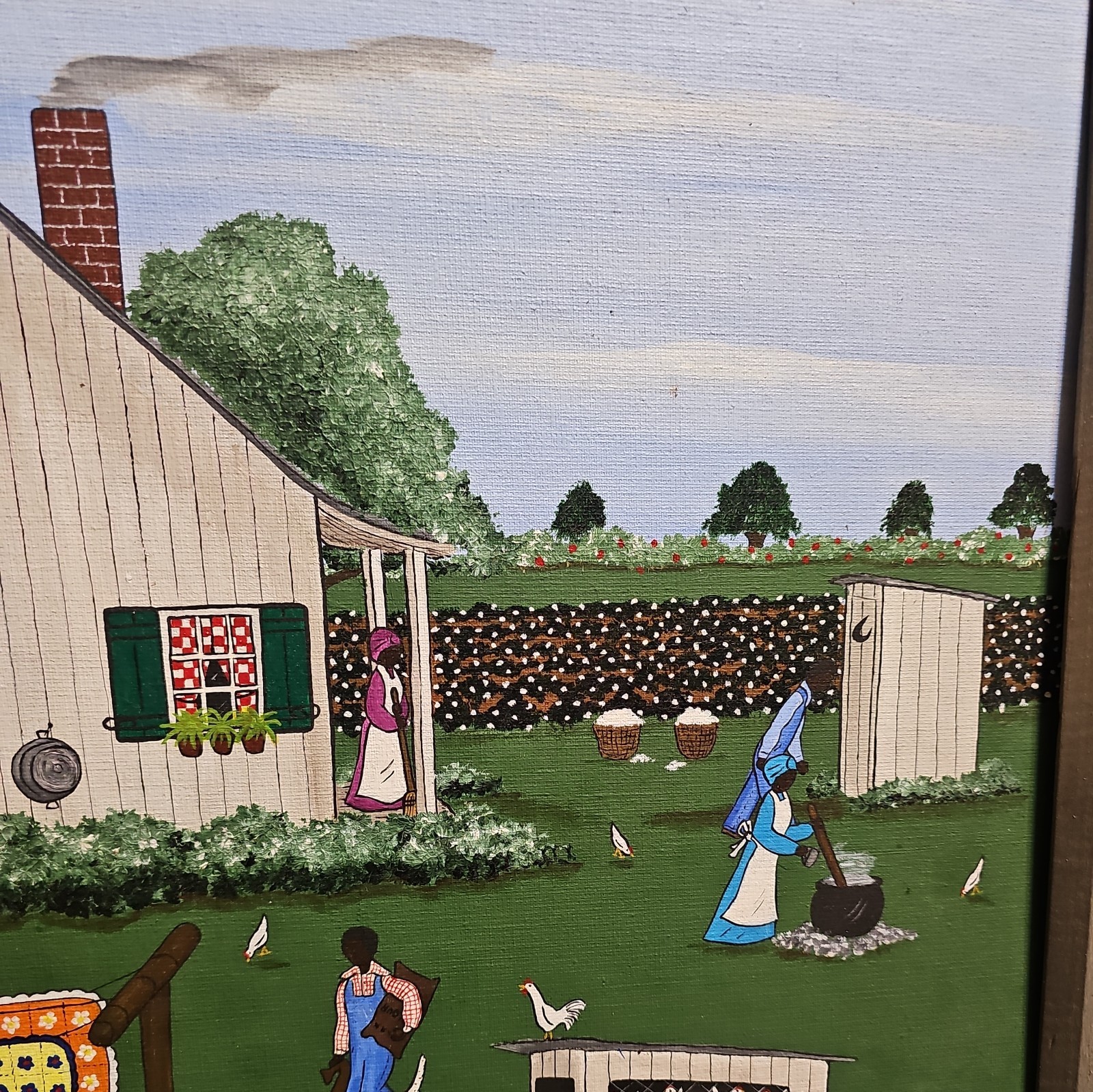 Rare Millie Bolton Louisiana Folk Art Acrylic Painting “A day on the farm” 21×24