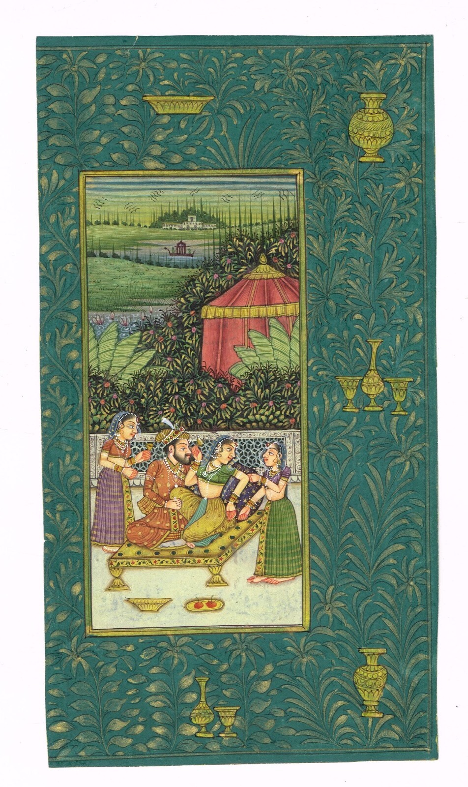 Indian Painting Of Mughal Emperor And Empress In Love Scene Art 3.5×6.5 Inches
