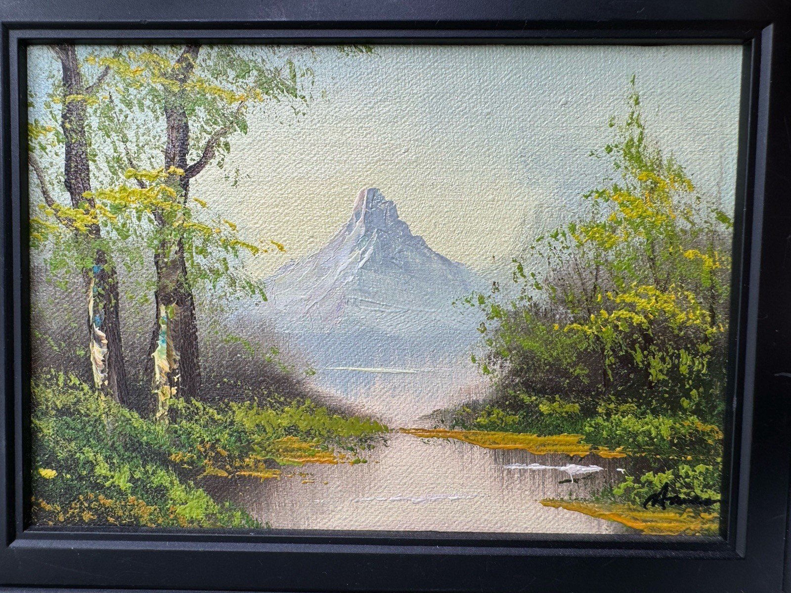 Impressionist Oil Painting Original Signed Black Framed Mtn River Trees 8”x6”