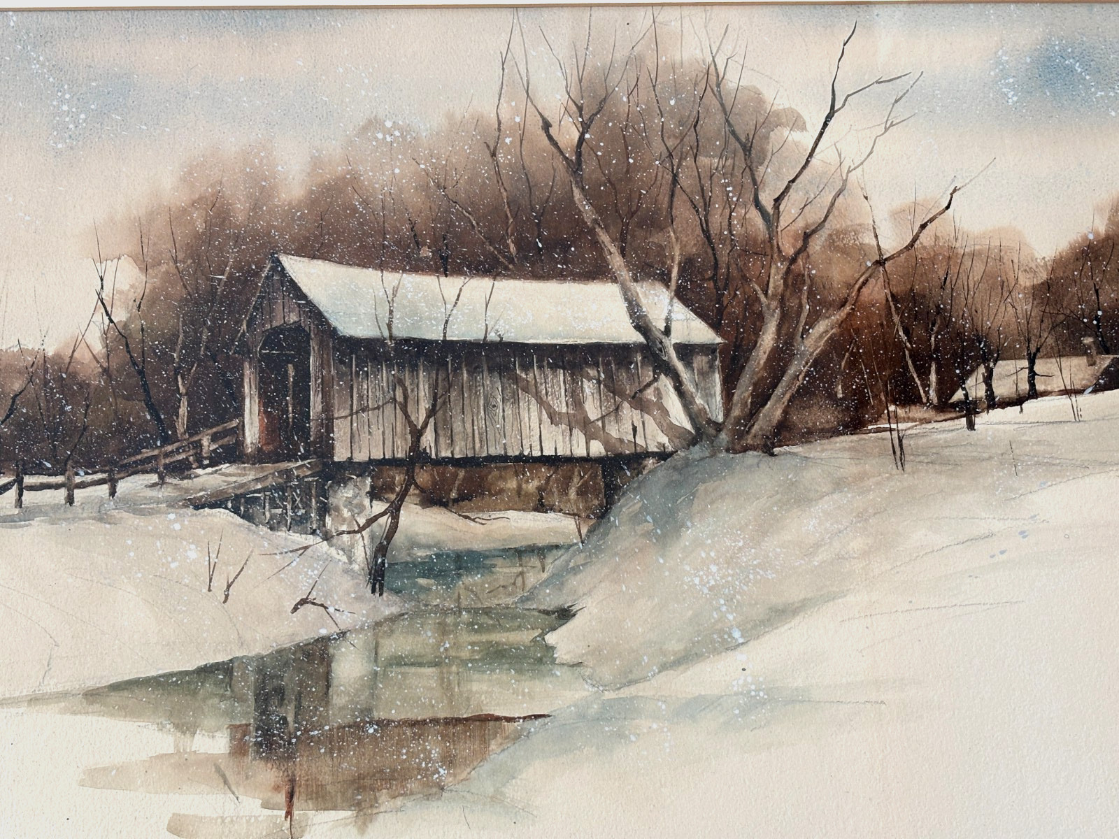 Steve Polomchak Original Large 40″ Watercolor Painting Covered Bridge MCM Amish