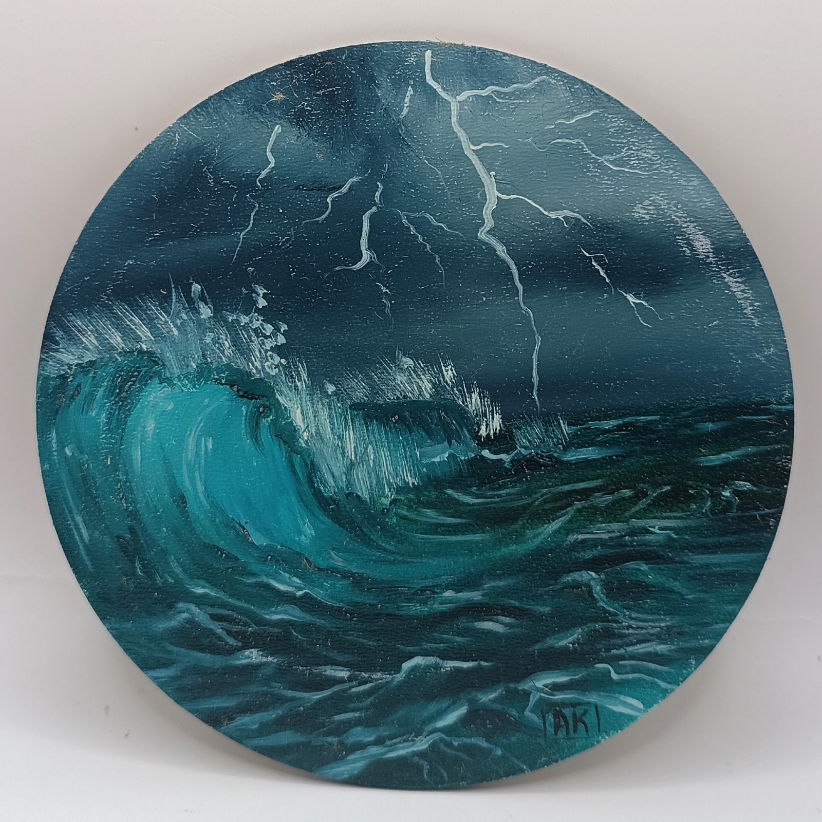 Original Seascape Painting Small Round Ocean Wave Night Lightning Artwork