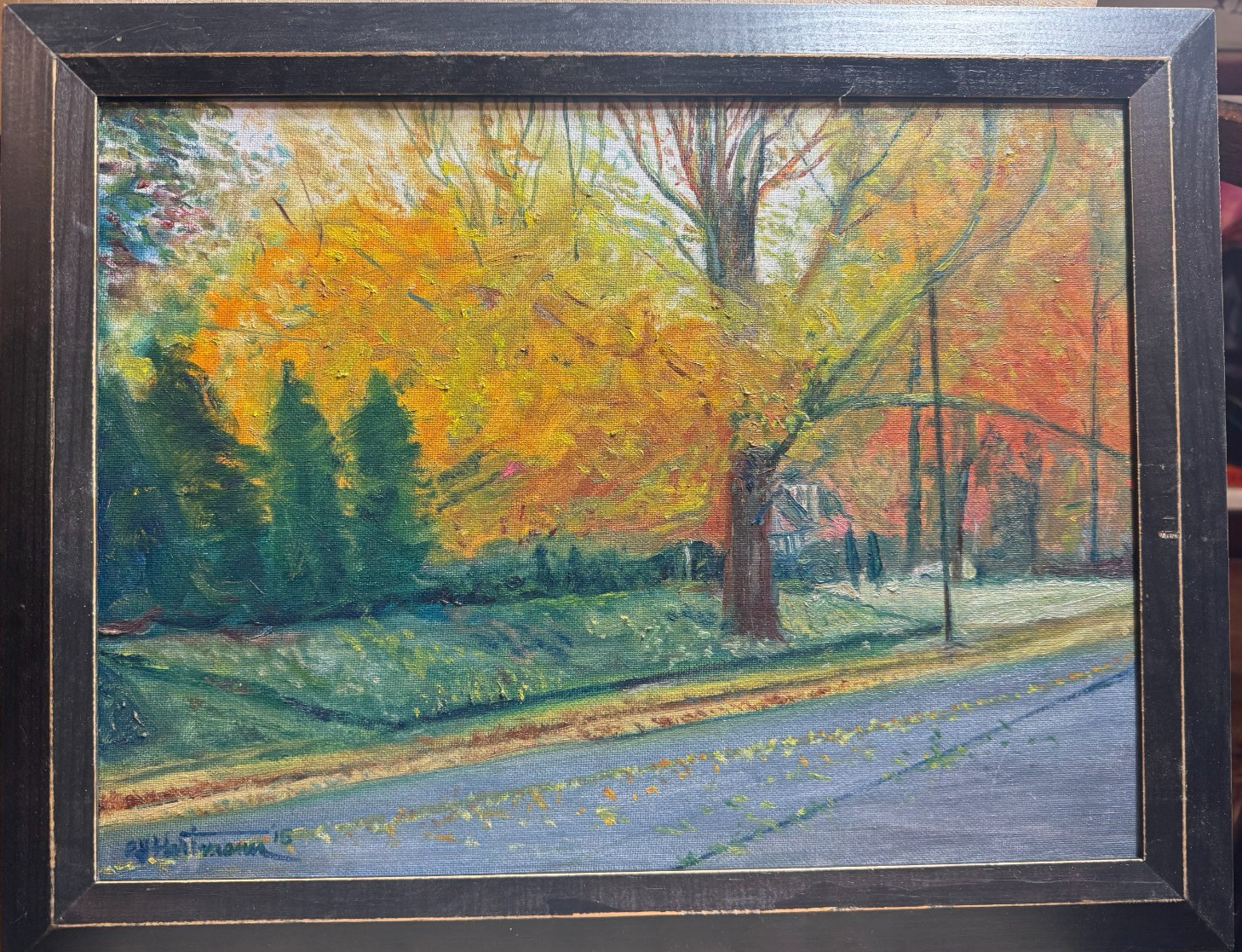 E.J. Hartmann Signed 2016 Oil Painting Autumn Street Landscape Framed 18.5 x14.5