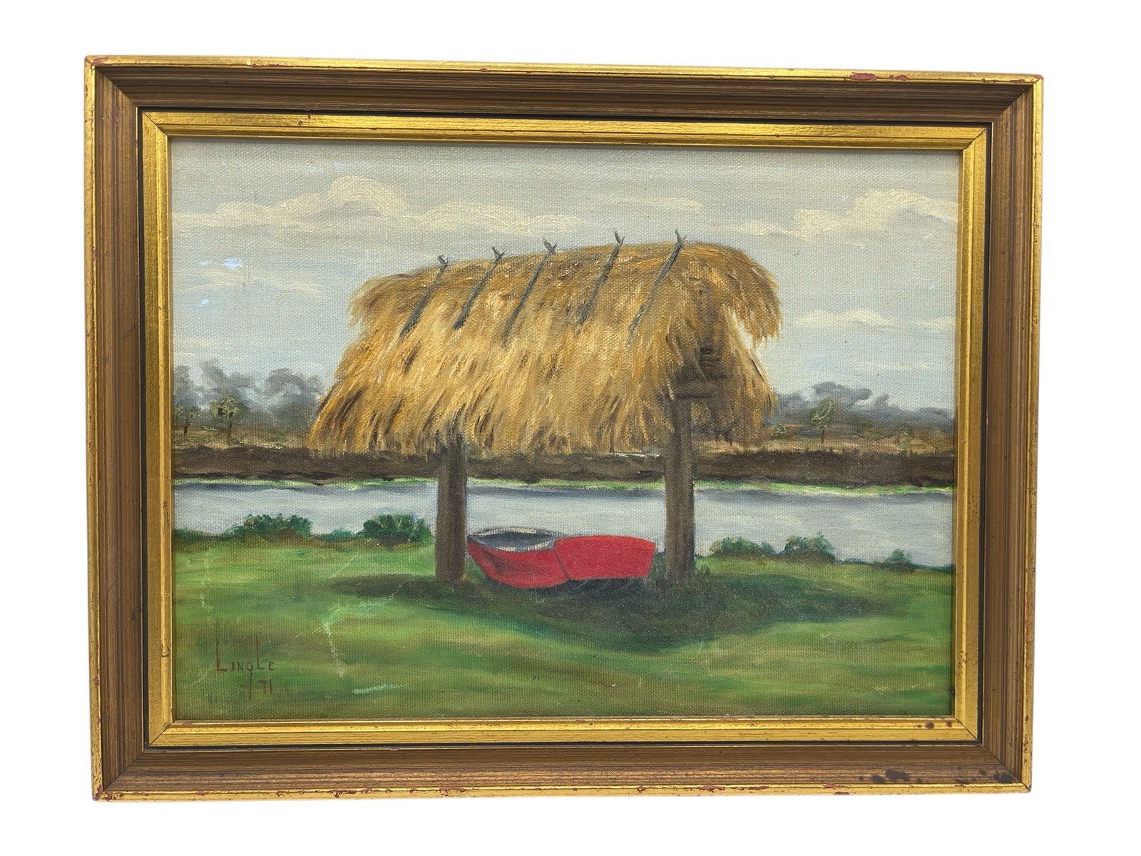 VTG Original Oil On Canvas Painting Chickee Hut Key West FL Signed Lingle 1971