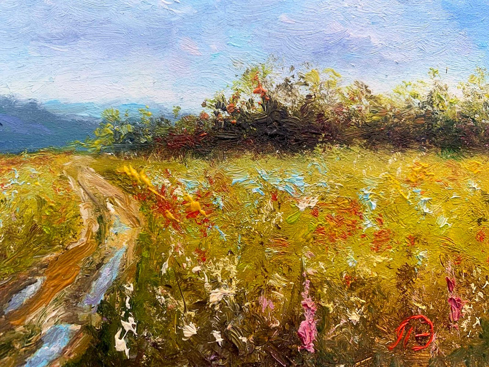 Rustic landscape Original Oil painting Field with trees Country Road 4×8 nature