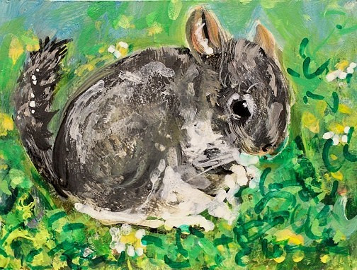 ORIGINAL ACEO Painting CHINCHILLA Spring Pet Flower Rodent Animal Nature ATC ART