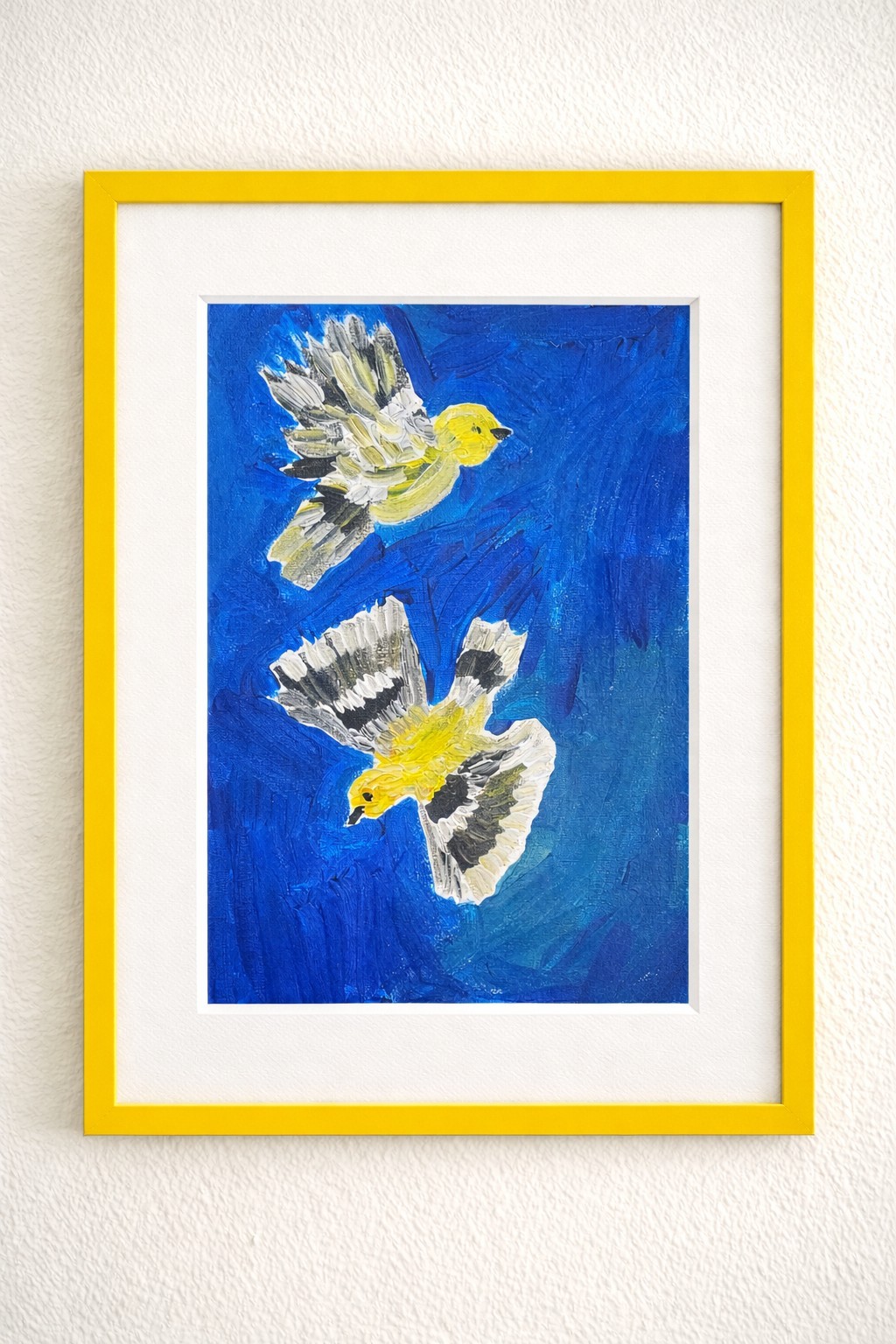 Goldfinch Birds in Flight Painting 11×14 Acrylic on Canvas | Blue Sky Wall Art