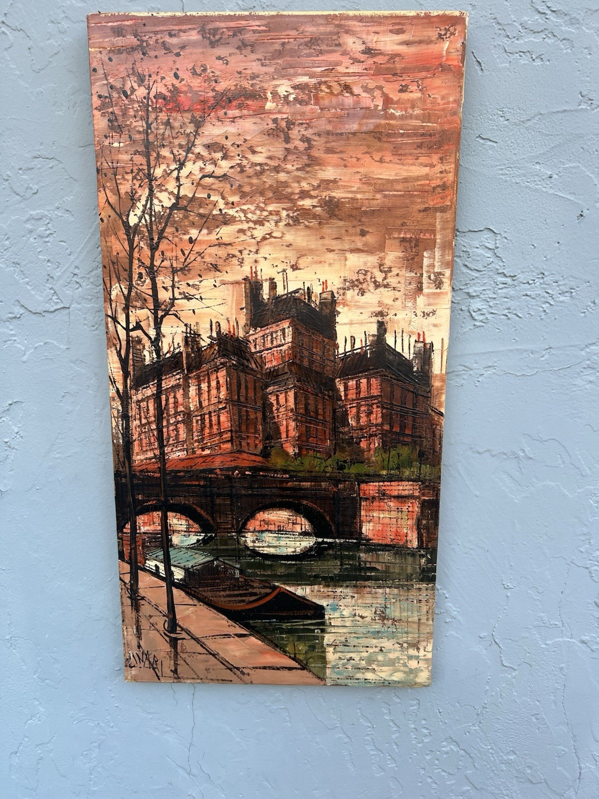 Linari (France,20C) Original oil On Canvas painting 24×12 Cityscape