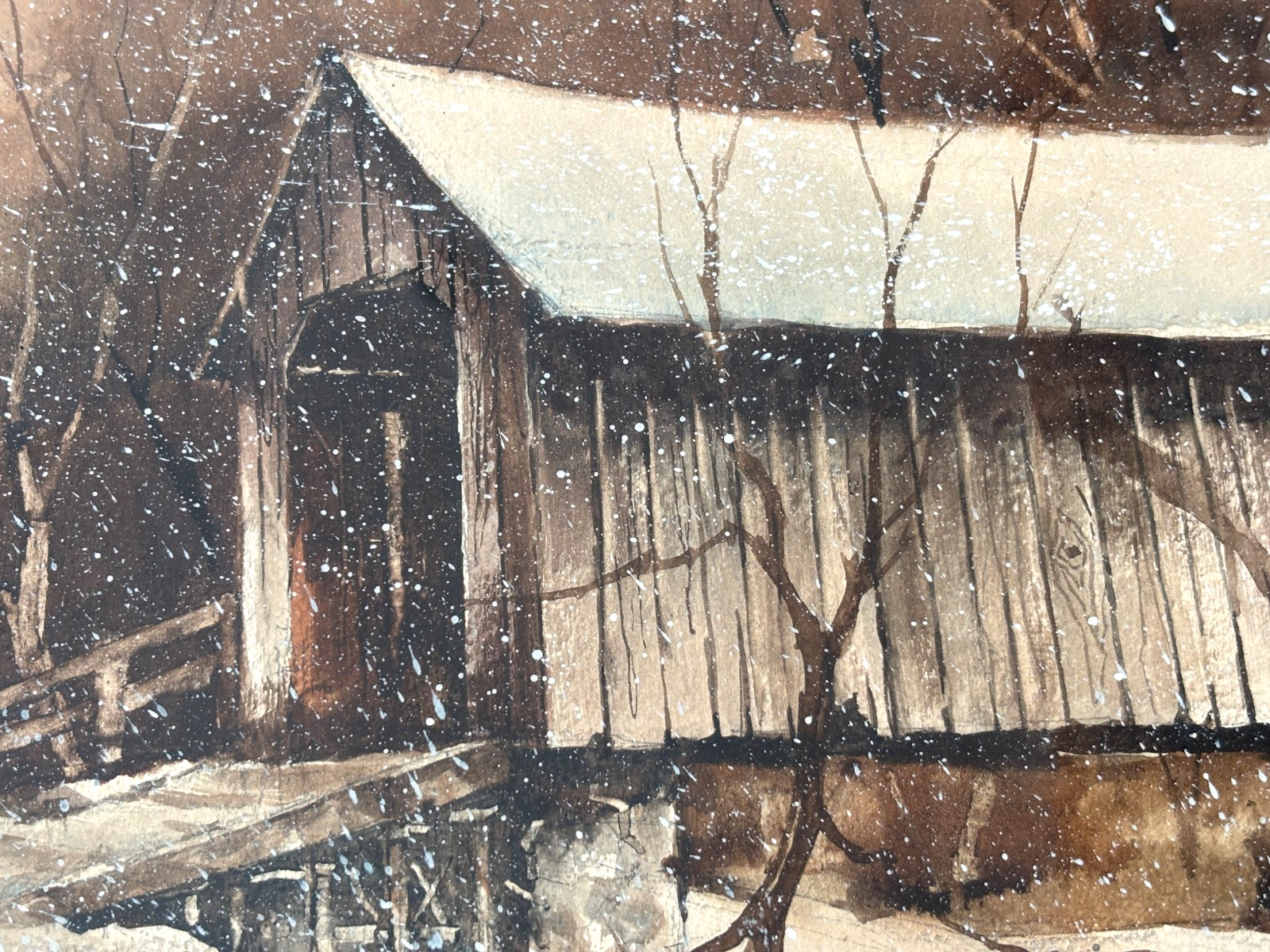 Steve Polomchak Original Large 40″ Watercolor Painting Covered Bridge MCM Amish
