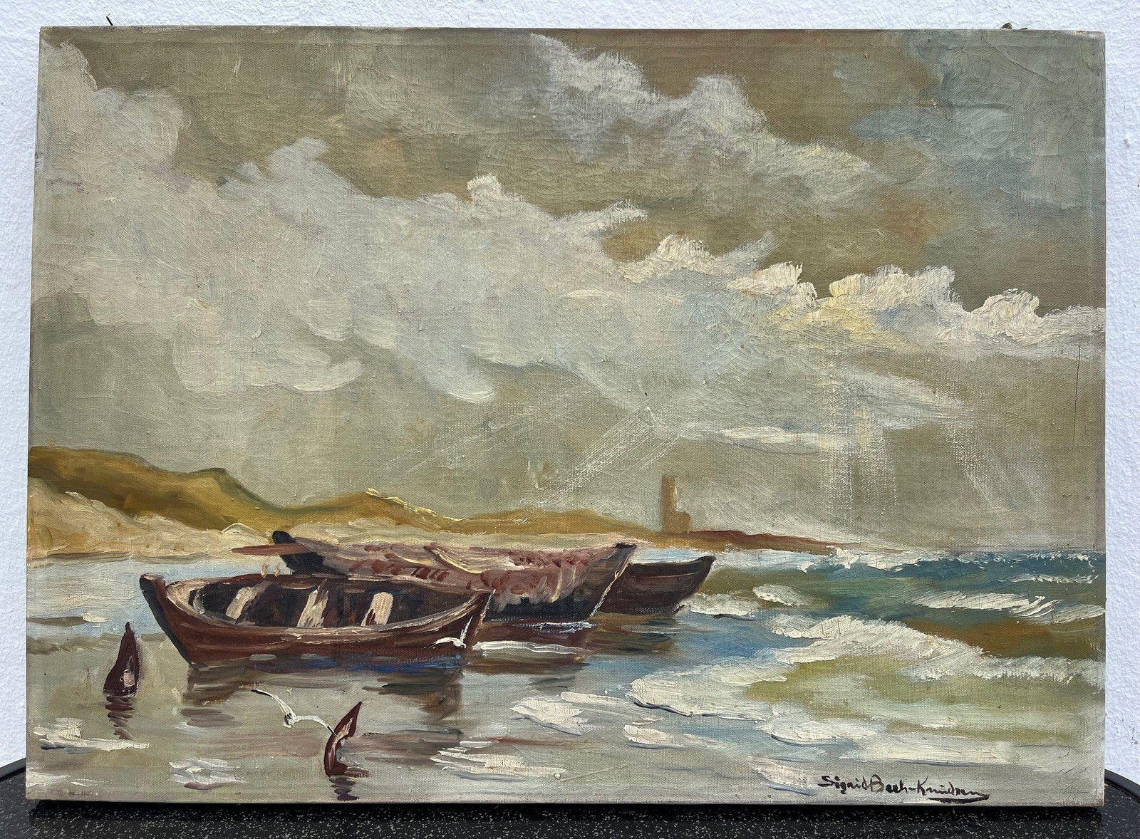 Impressionist Sigrid Bech Knudsen 1864-1948 Stormy Coast with Fishing Boats