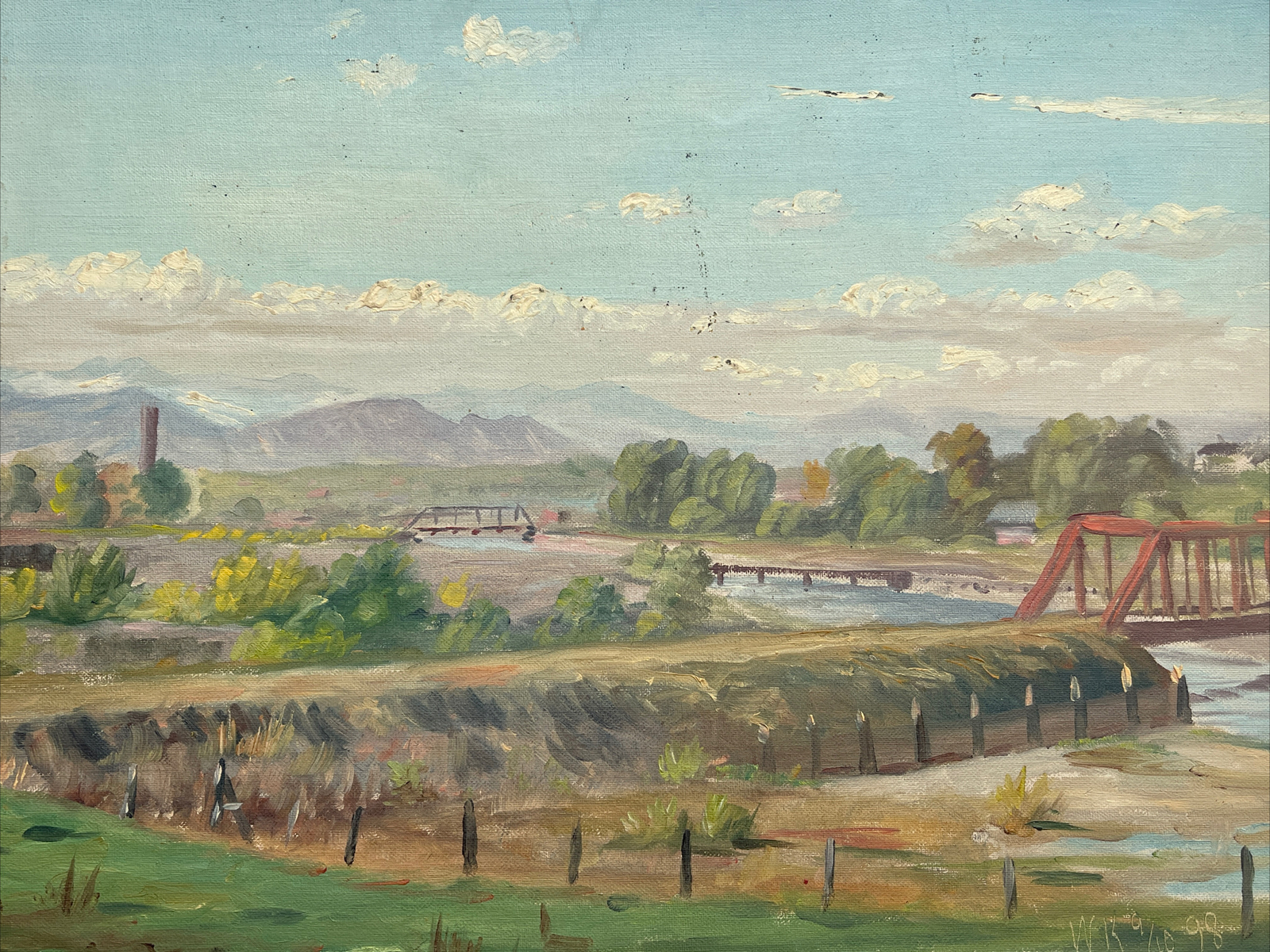 Antique HISTORIC DENVER PAINTING COLORADO BRIDGE REGIONALISM LANDSCAPE 1898 RARE