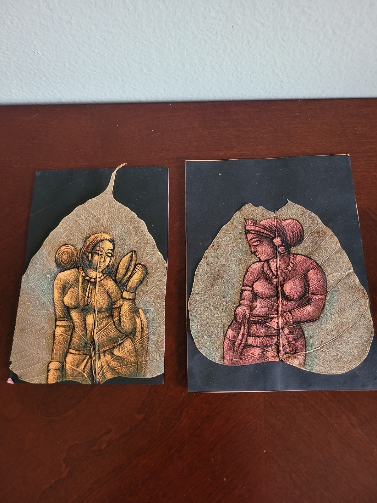 2 Vintage hand Painted In Oil On Pepal Leaf Artwork