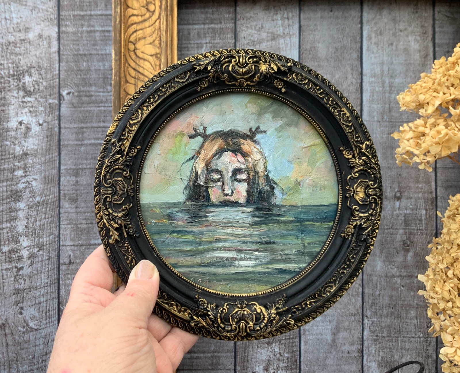 Original Art 8inch diameter Round Art Mermaid Painting Female Portrait