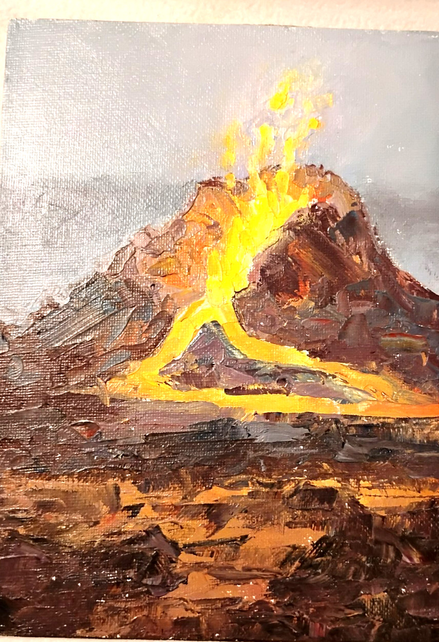 VOLCANO PAINTING MOLTEN GLOW by L DENNIS WILSON HAWAII LANDSCAPE NATURE DRAMA