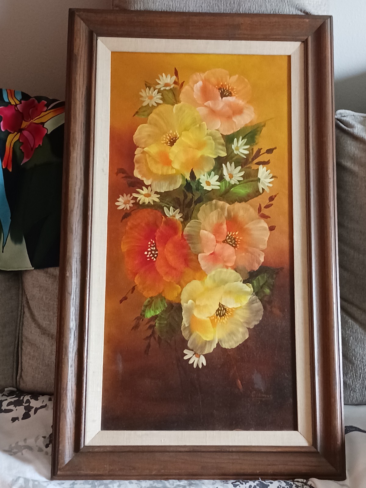 Vintage Floral Still Life California Poppies Daisies Signed Vertical Warm Colors