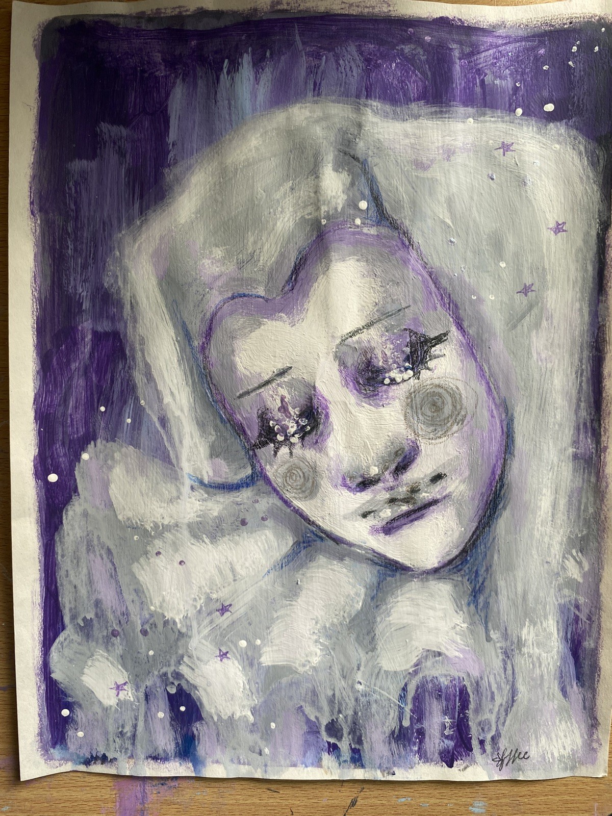 Purple And Gray Jester Fantasy Painting On 9×12 Watercolor Paper