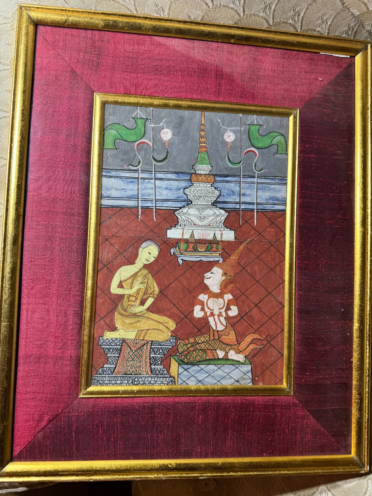 Antique Balinese? “Figures In A Shrine Scene” Gouache Painting #1 – Framed