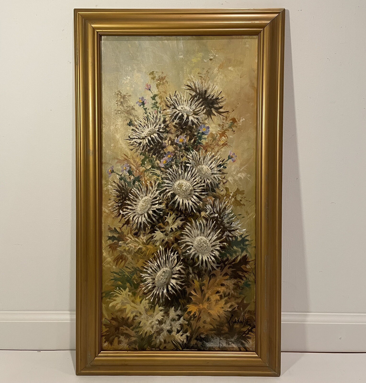 Vintage Oil Painting On Still Life Flowers Signed Framed 15 1/2” x 27 1/2”