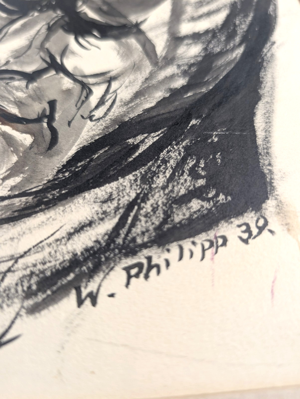 Werner Philipp 1939 Signed Expressionist Ink Wash Portrait Painting Original