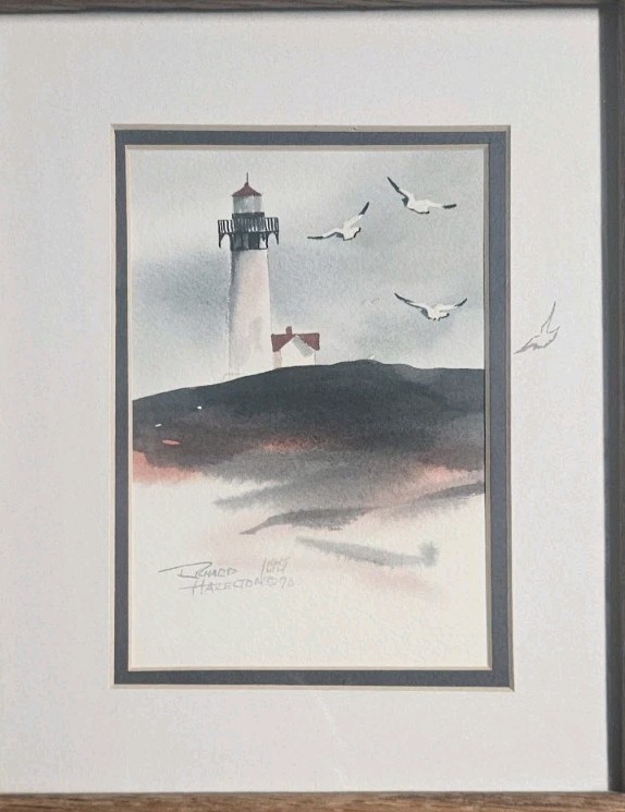 Richard Hazelton Original Watercolor Yaqunia Lighthouse, Oregon 1990 framed 9×11
