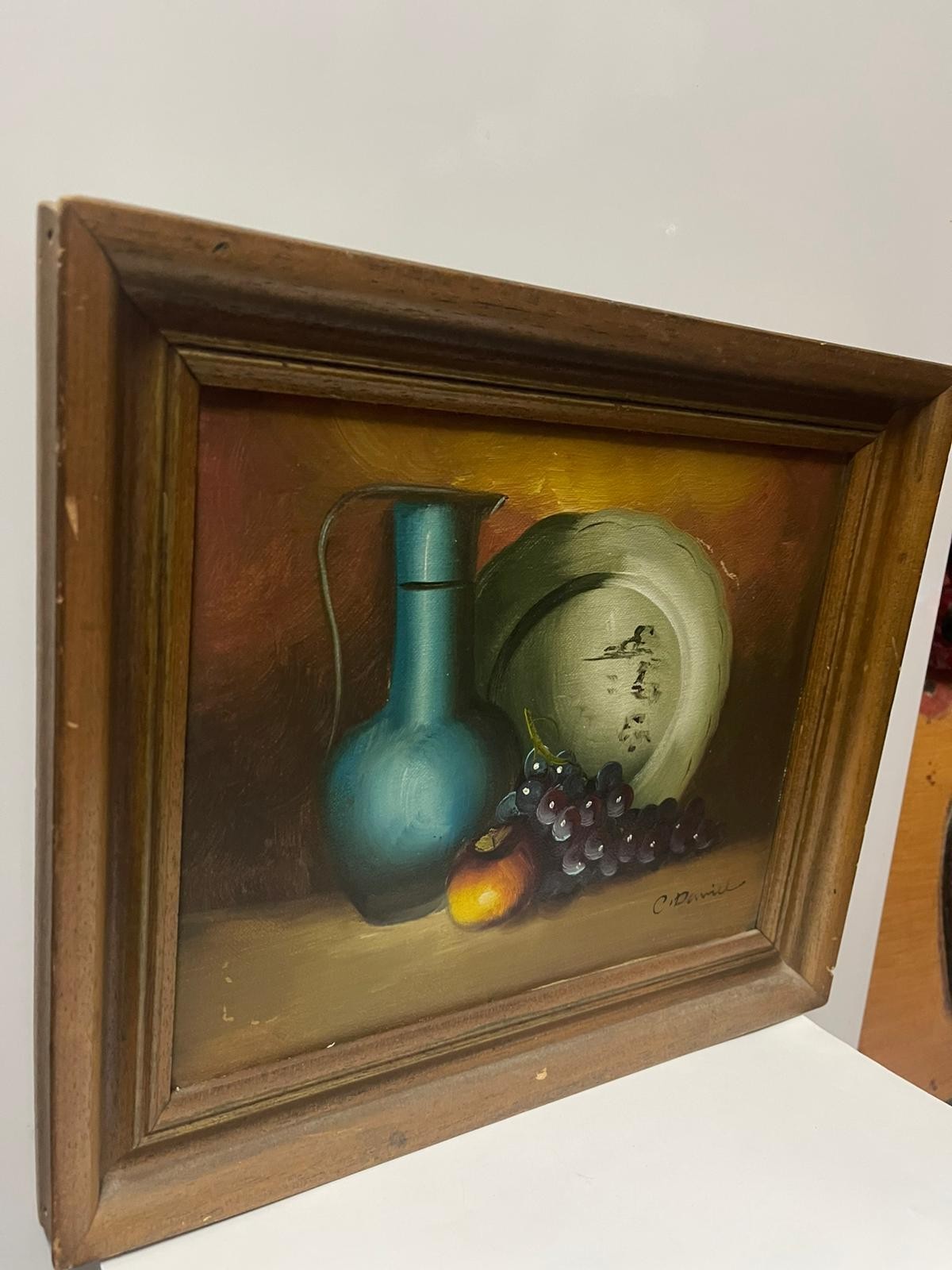 Still Life Oil Painting Fruit Jug Plate Signed C Daniel Vintage Wooden Frame