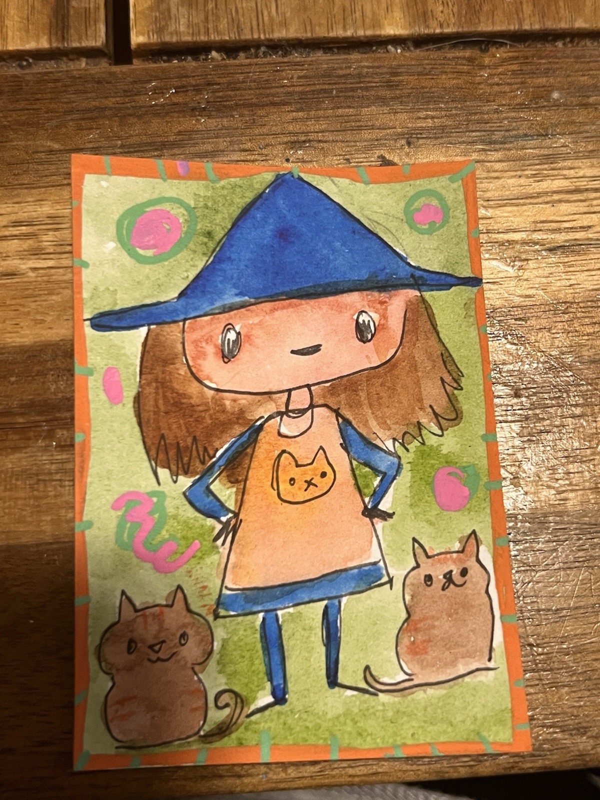 Aceo Original Watercolor Witch And Cats Halloween Painting