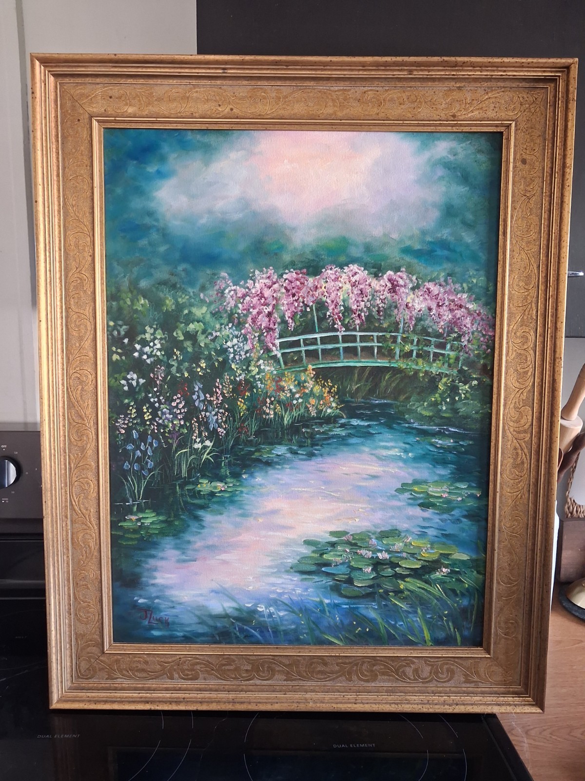 Original oil painting Large floral bridge water