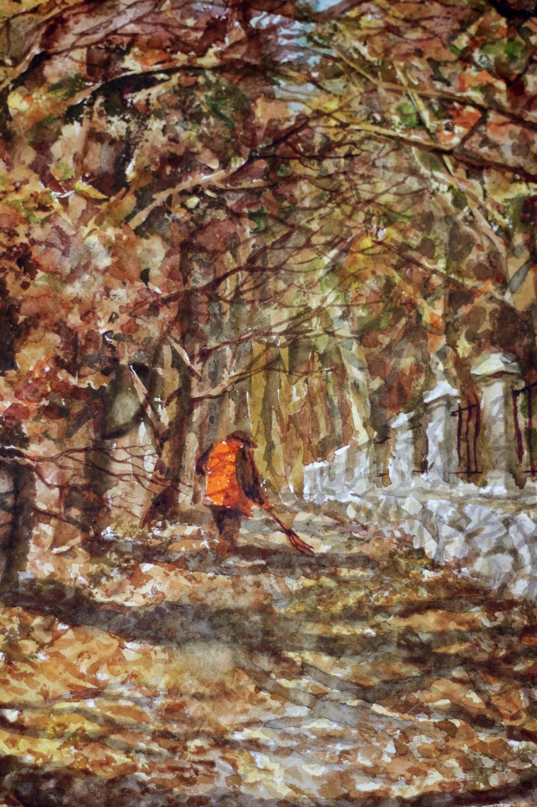 Landscape Watercolour Painting Original Sunny Autumn Park Men Trees Wall Art
