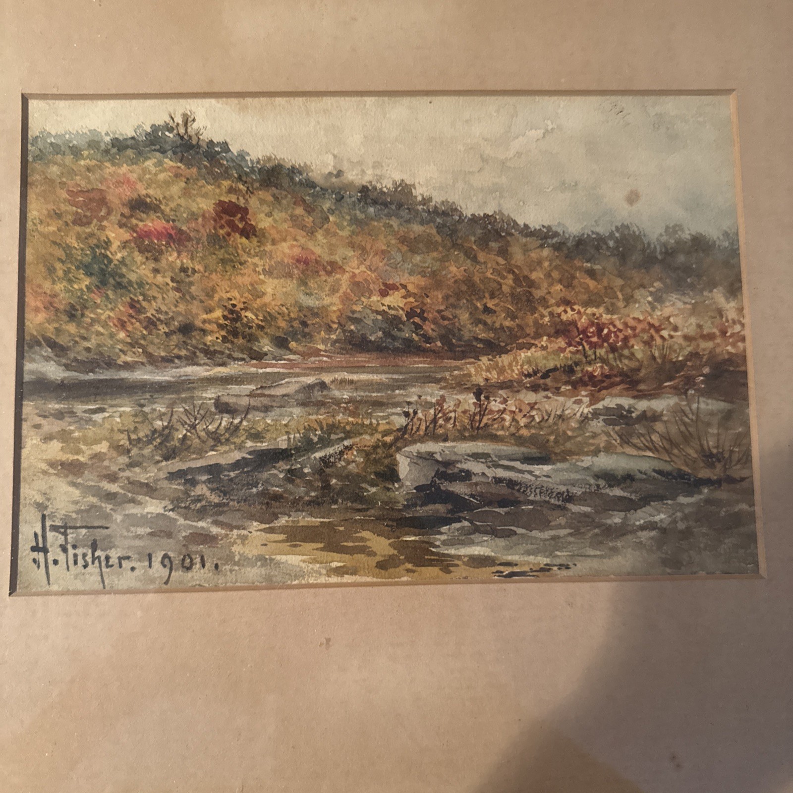 Antique Watercolor Landscape Painting Artist Signed & Dated 1901 Matted & Framed