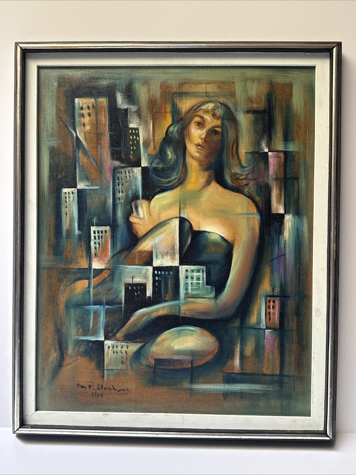MID CENTURY PAINTING CUBIST URBAN CITYSCAPE PRETTY WOMAN ABSTRACT STEINBERG 1960