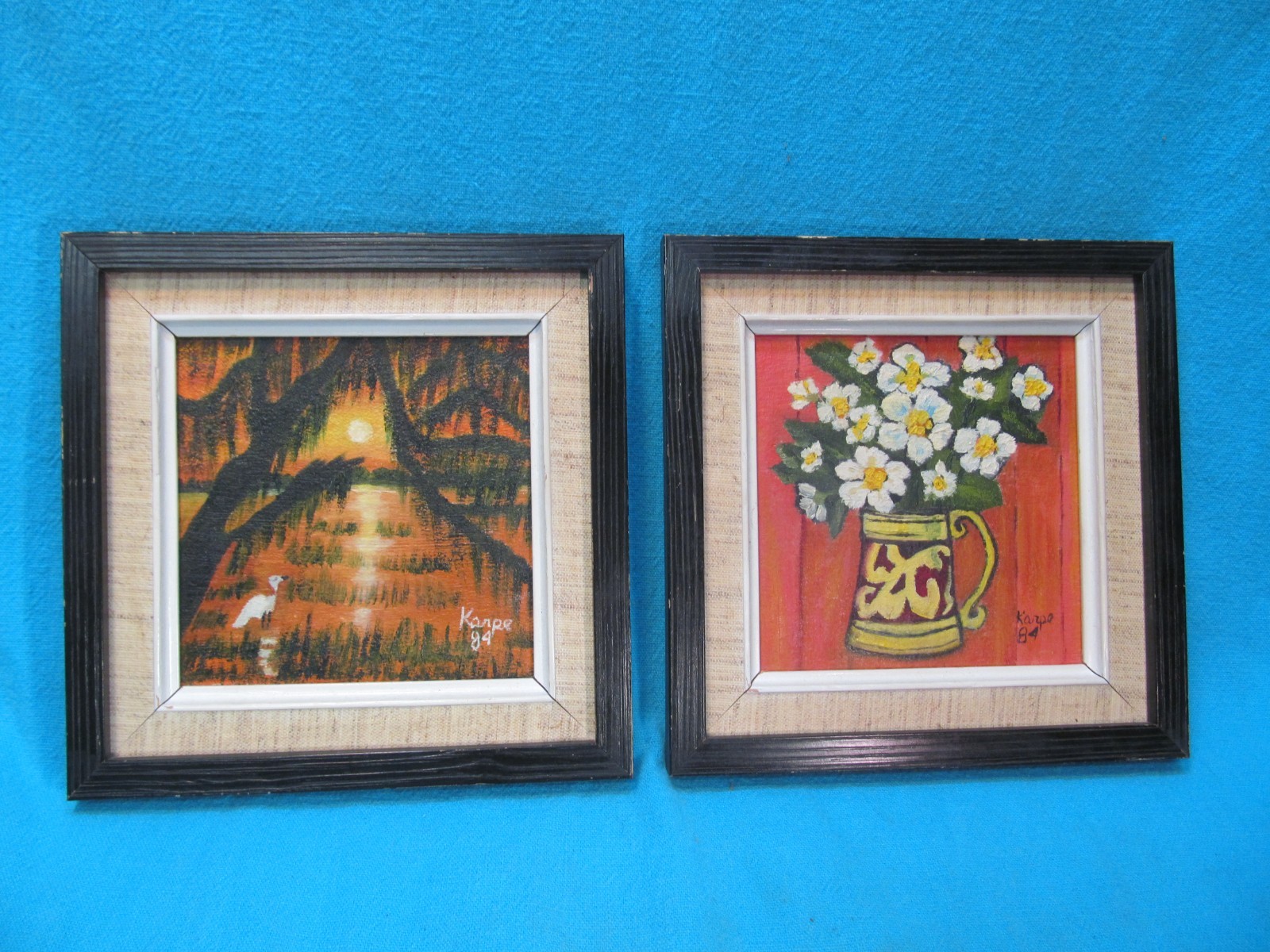 LOT OF 2 DOMINICAN REPUBLIC PAINTINGS SIGNED KARPE 84 SUNSET & FLOWERS IN VASE