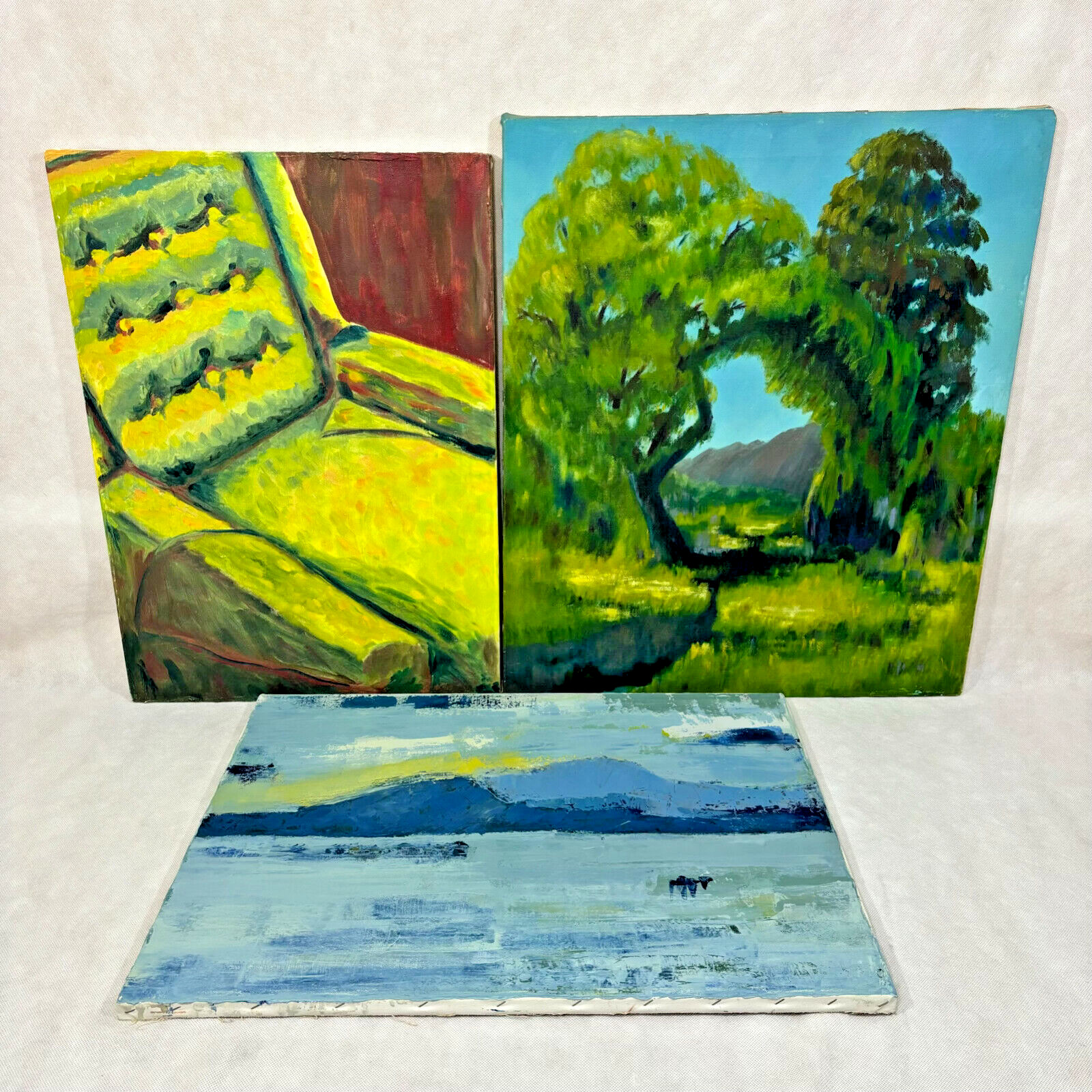 Lot of 3 Original Paintings On Canvas Tree Still Life Sofa Mountain Landscape