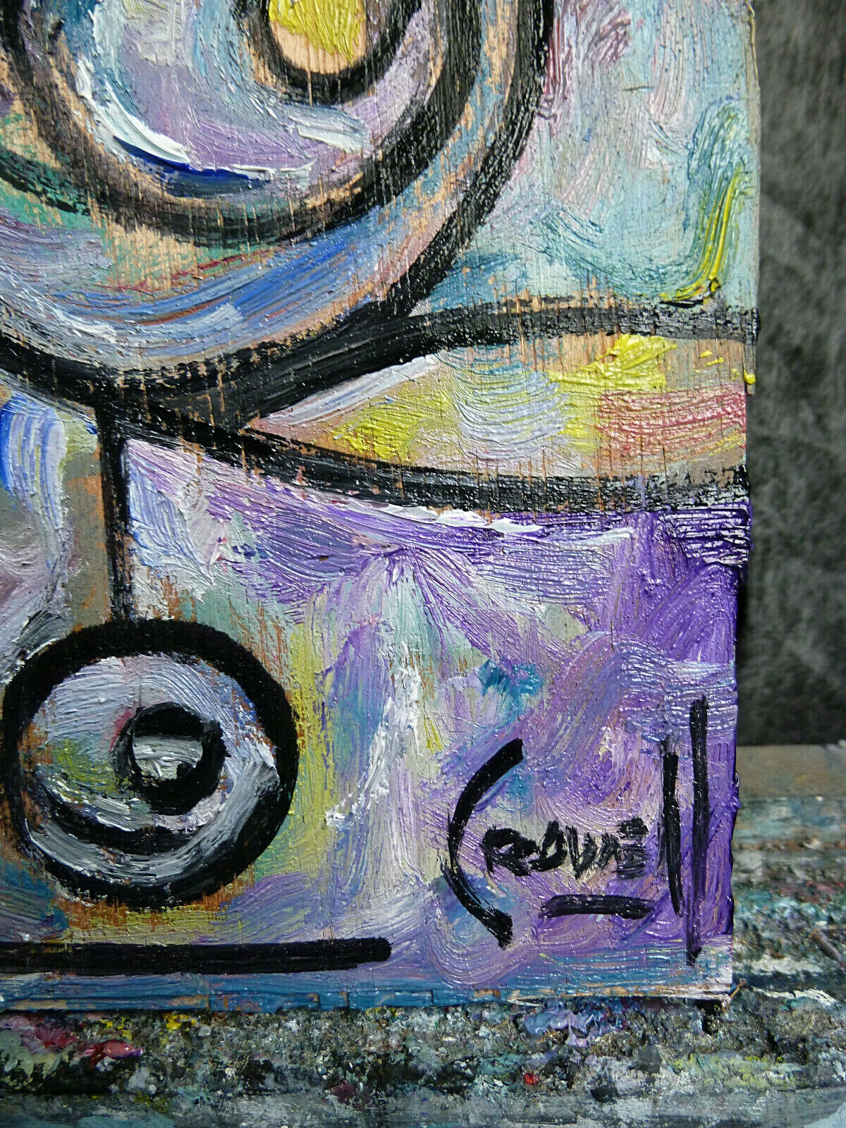 GO ROUND IN CIRCLES 8×10 oil painting abst wood art NEW original signed Crowell