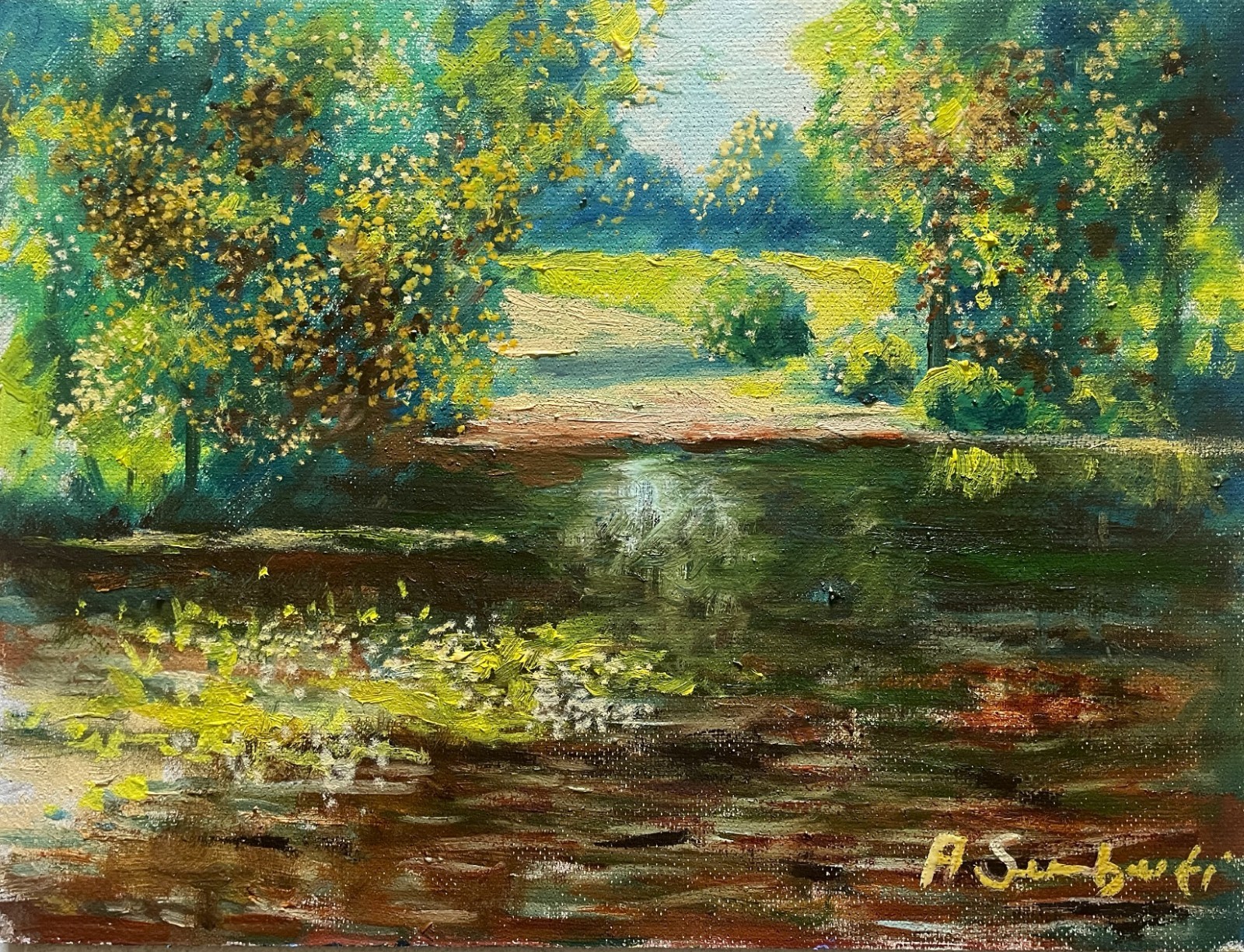 Sunlit Forest Pond Oil Painting Impressionist Landscape Original Art 12×16