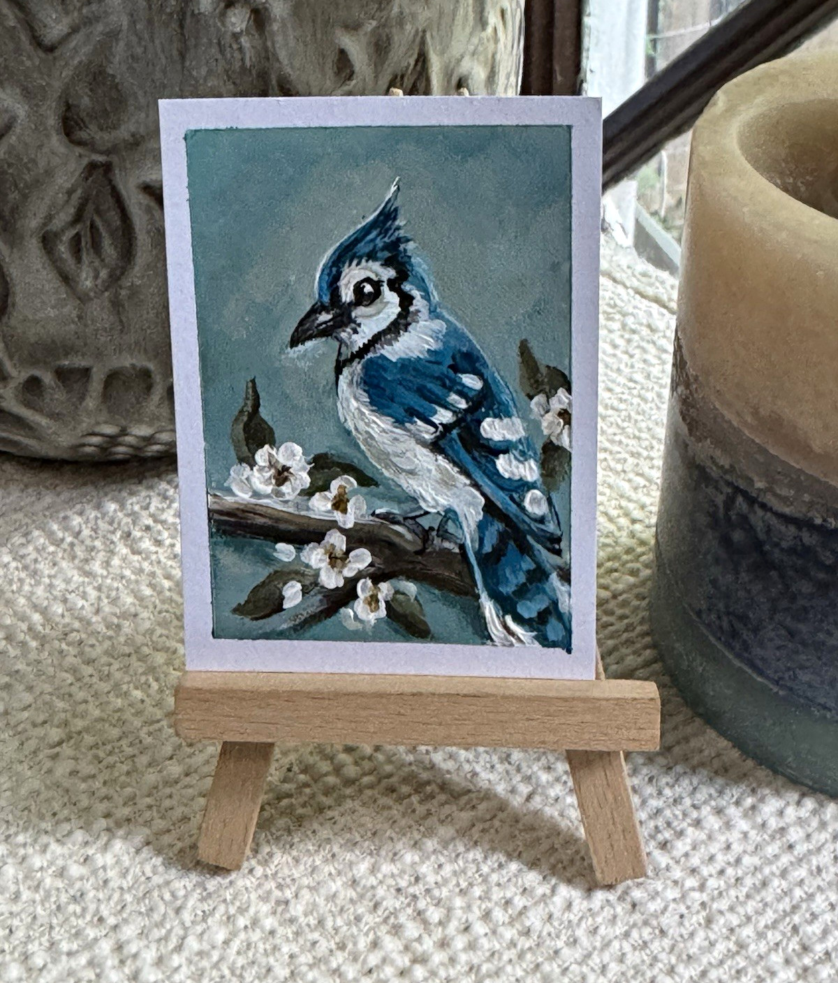 ACEO OOAK Wildandwonder Painting “Remembering April” Blue Jay Blossoms Fine Art