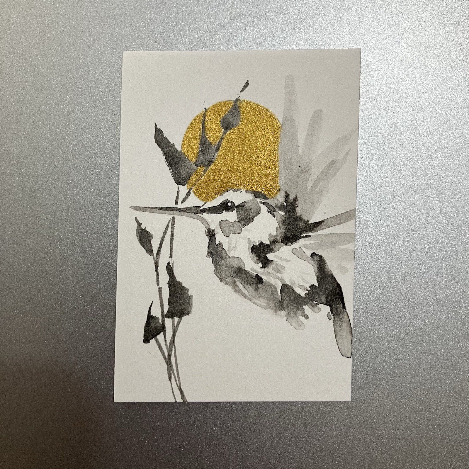 ORIGINAL Hummingbird Sunset Painting realism Miniature Bird Art Sumi-e Ink Gold
