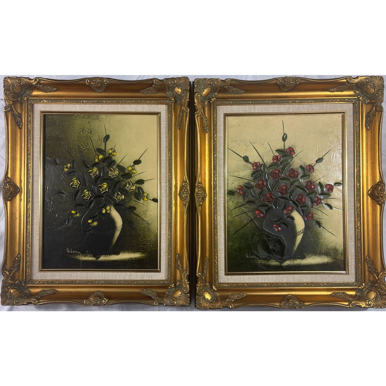 Vintage Pair of Still Life Floral Oil Paintings Ornate Baroque Gold Frames 22×18