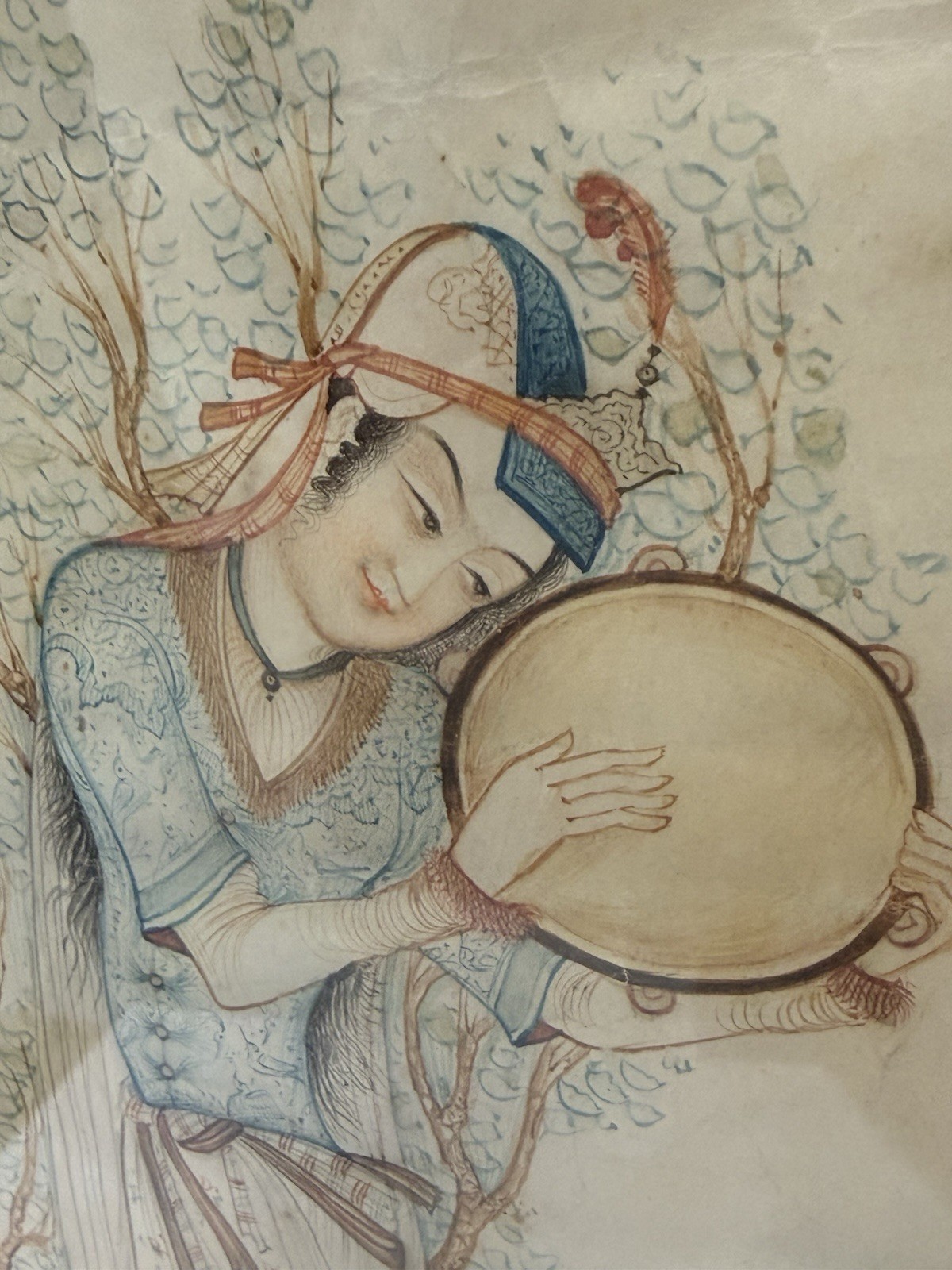 Vintage Persian Miniature Painting Framed Artwork Musician Scene Gold Frame