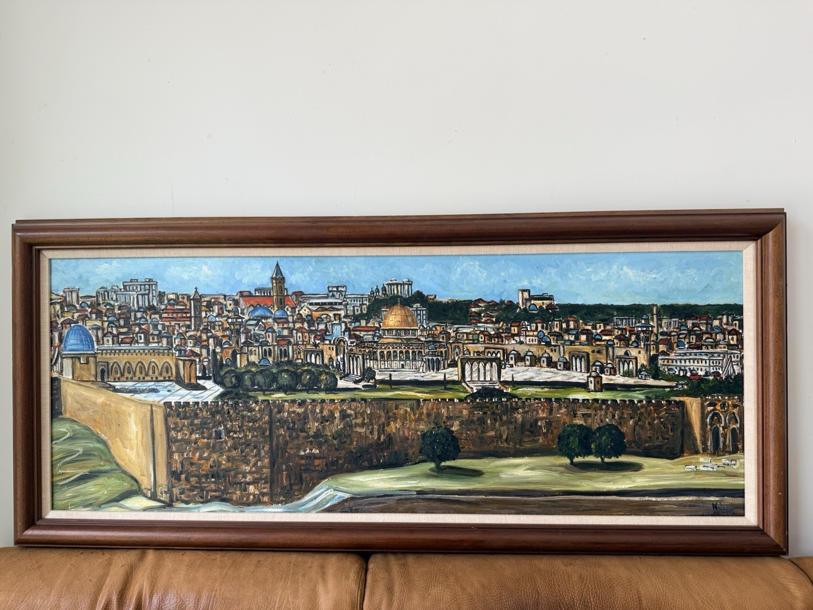 Vintage Oil on Canvas Jerusalem Old City Panorama Mid Century Signed Framed 45″