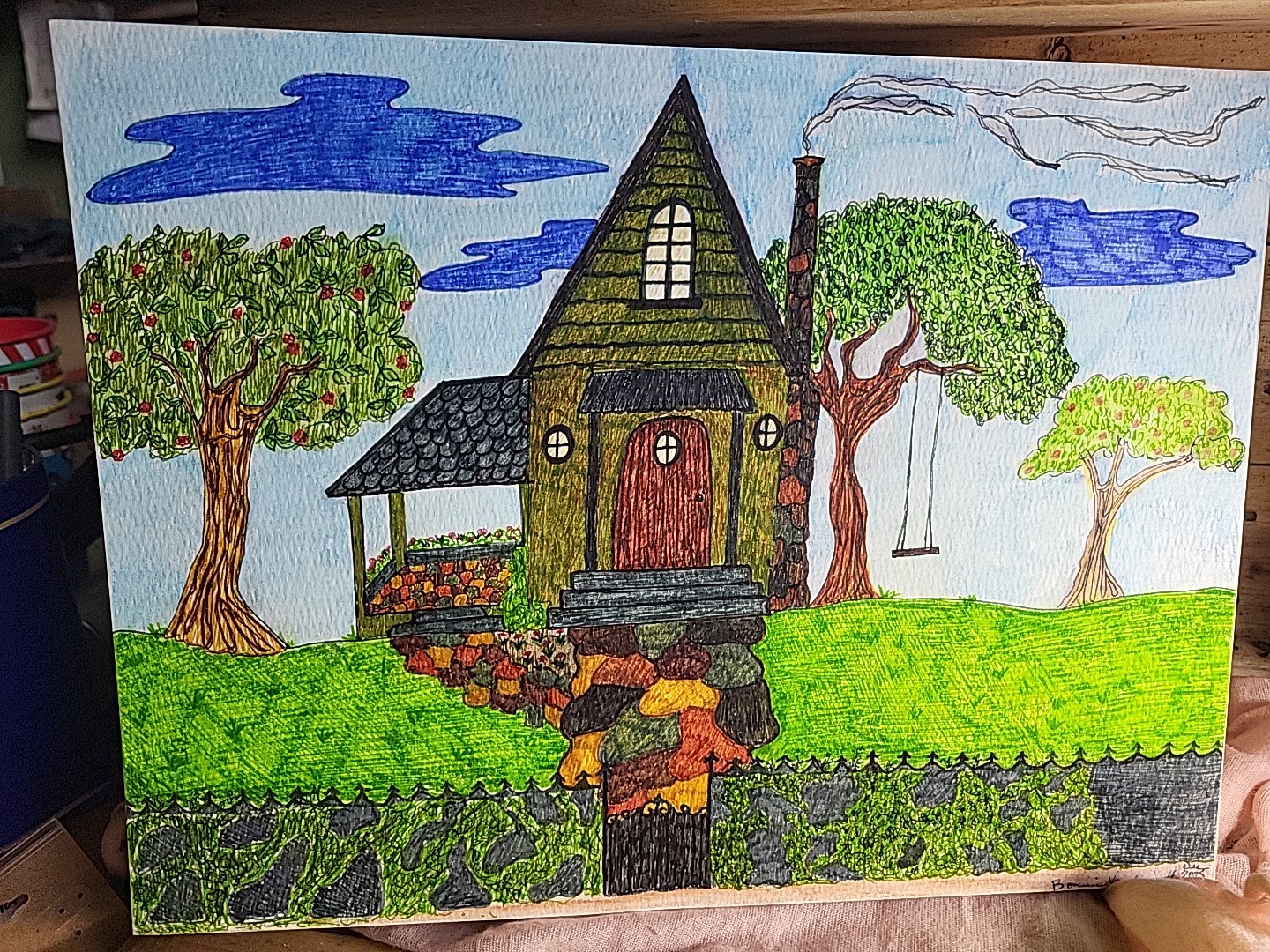 original artwork signed by artist Salt Box Cottage In Felt Pen and…