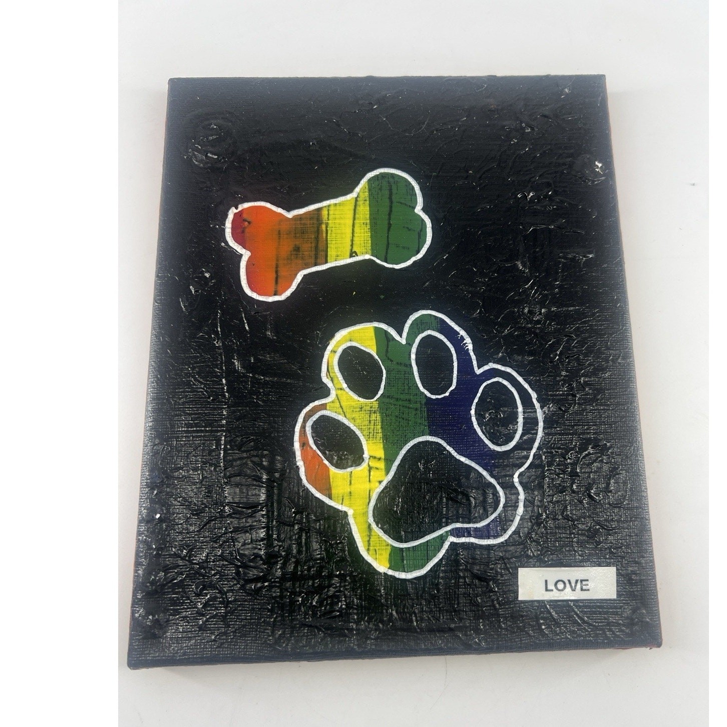 Handmade Acrylic Painting Canvas Puppy Doggy Love Black Rainbow 10″x8″x.75″ Art