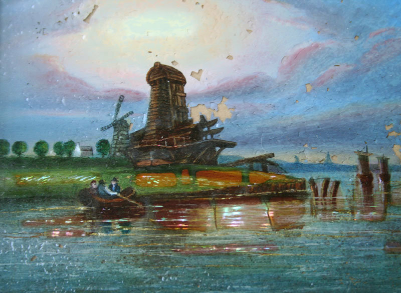 A Dutch Coastal Scene. Original Frame, Reverse Painting on Glass, 19th Century