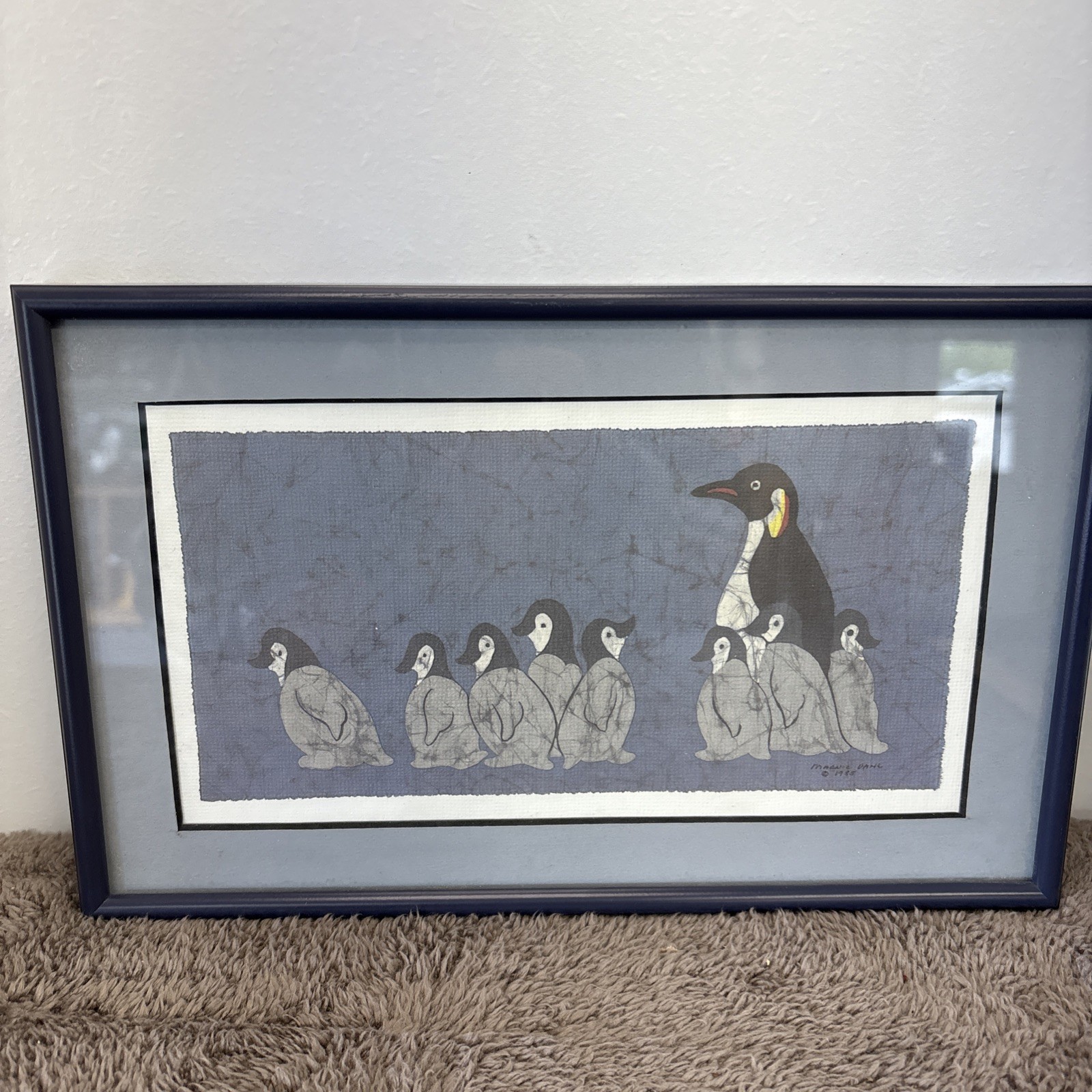 Hand Painted Mother Penguin & Babies from 1985 in Blue Frame 10.5×6.5
