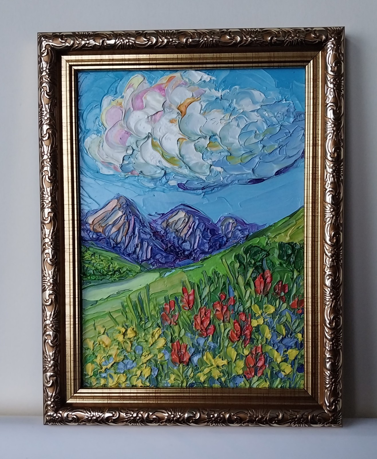 Framed Rocky Mountain Red Flowers Landscape 5×7” Impasto Oil Painting Original