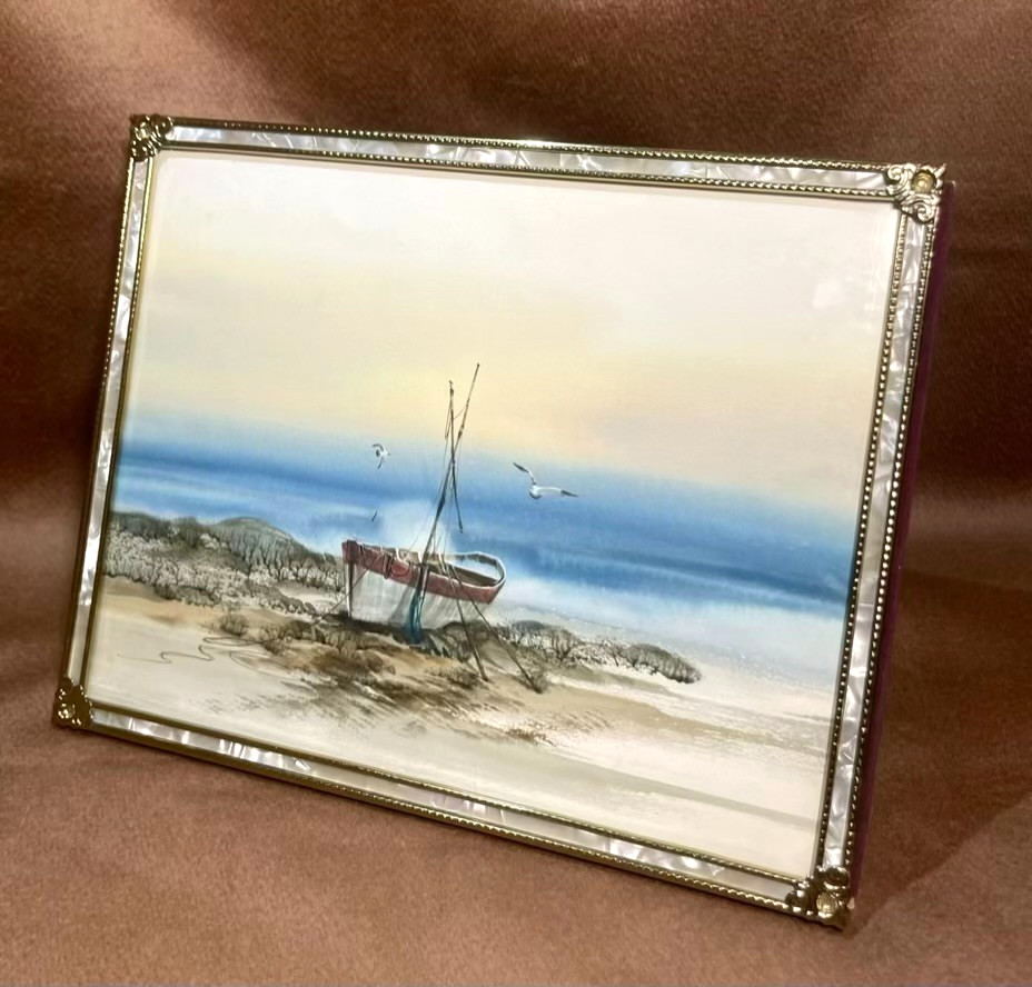 Framed Watercolor Painting Fishing Boat Seashore Nautical 10×8″ Mother of Pearl