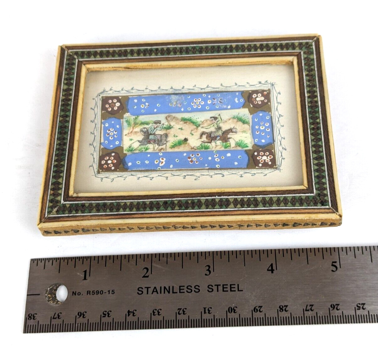 Khatam Inlay Marquetry Mosaic Frame Antique Persian Mini Painting 5″ x 3.75″