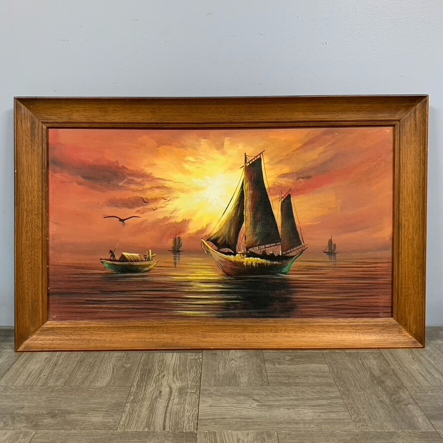 Vtg Antique Oil Painting Sailboat Ocean Seascape 28″ x 17″ MCM Asia Feel