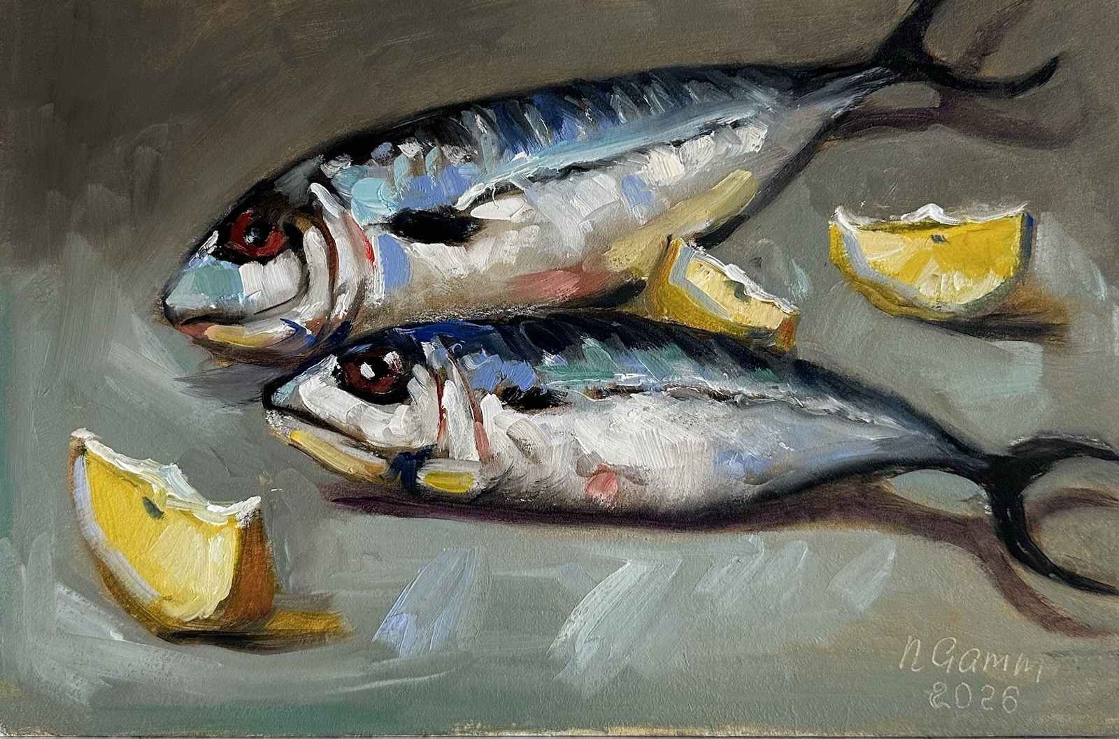 original oil painting Fish 20х30cm Wall Art Mackerel Lemon Still Life Gift