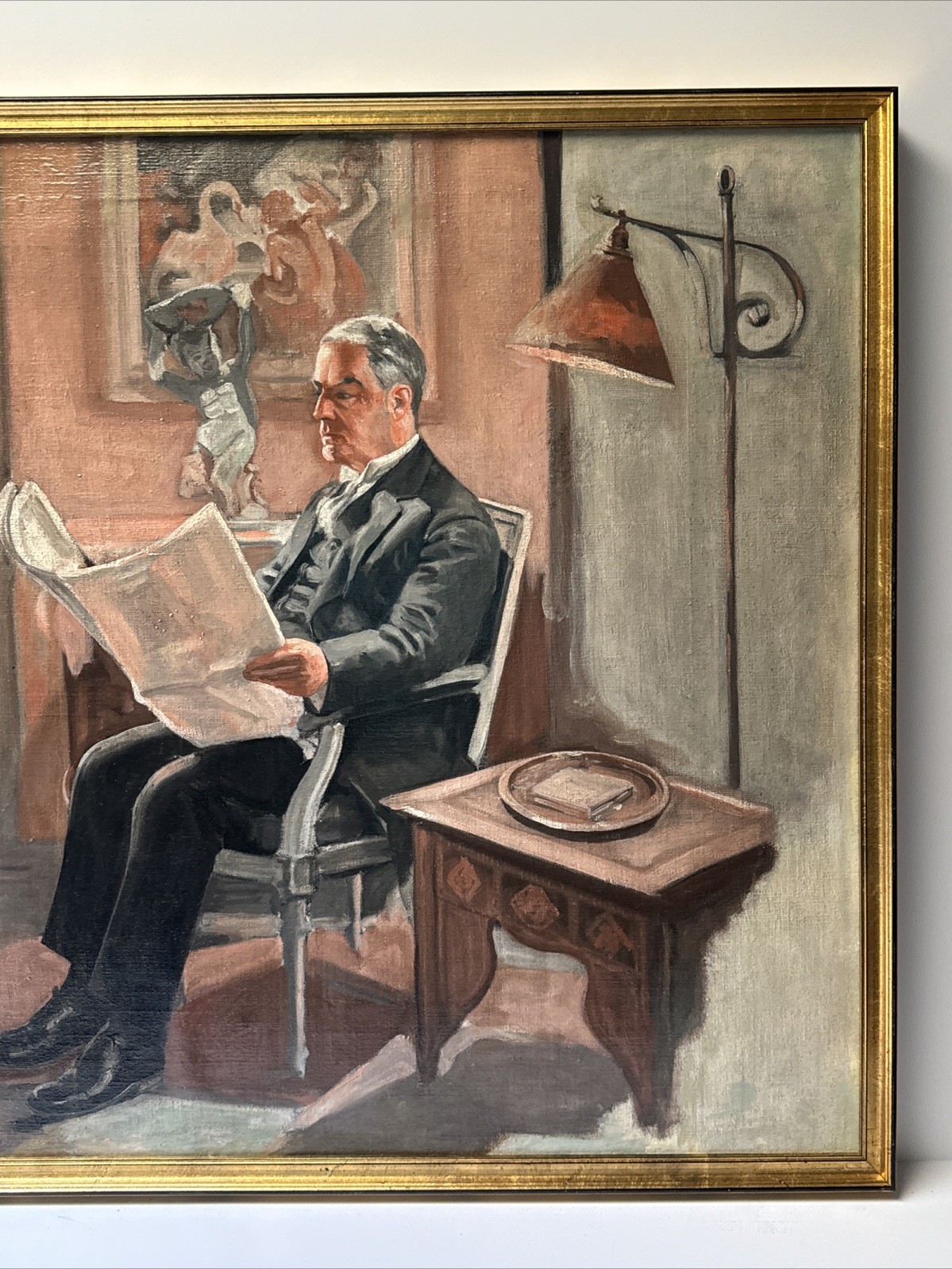 Antique Art Deco Painting Portrait Man Men Reading Large Oil Mystery 1920’s