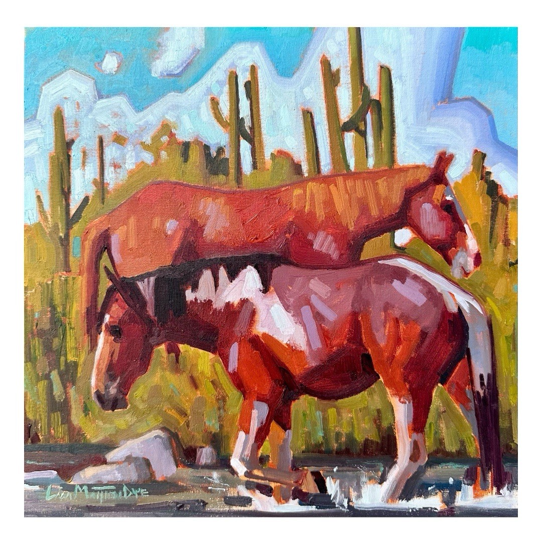 Original Painting Horses Western Cactus Desert 12×12 Signed Art