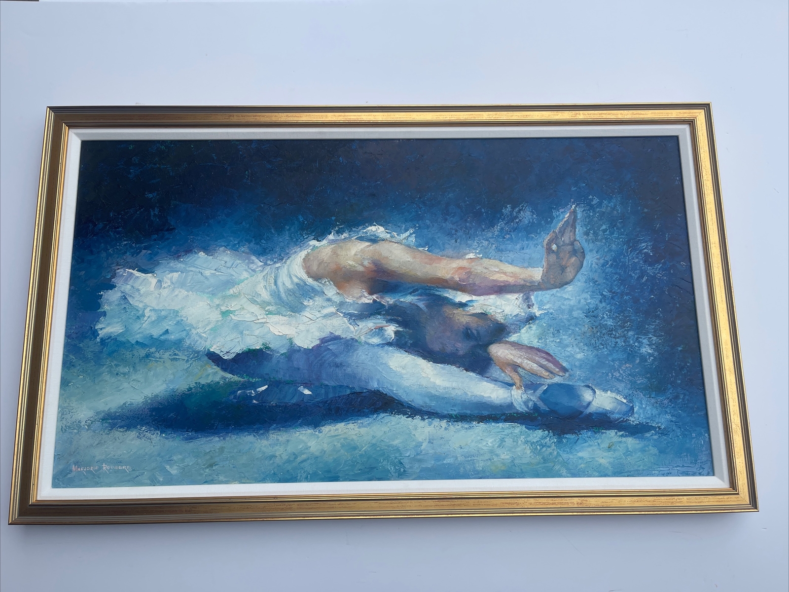 MID CENTURY BALLET PAINTING LARGE BLUE IMPRESSIONISM DANCER PERFORMER WOMAN